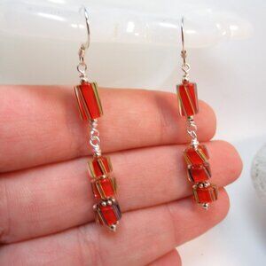 Red Cane glass dangle earrings
